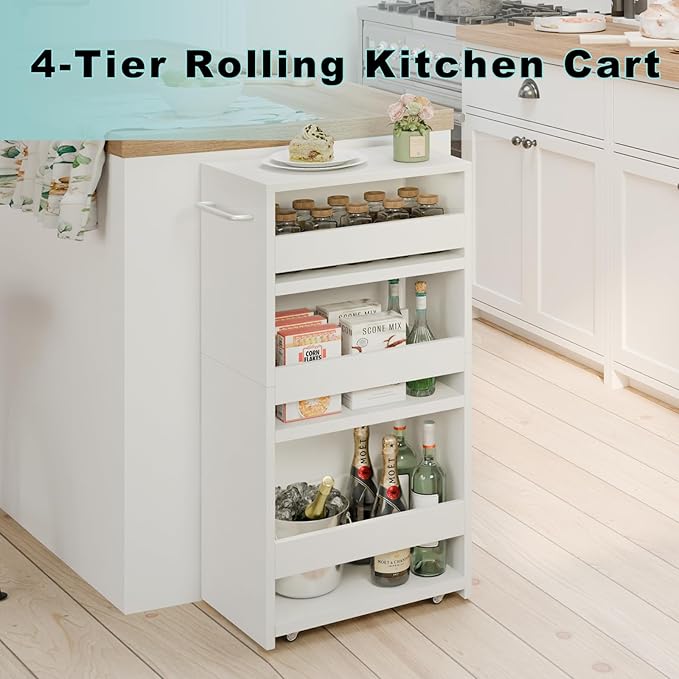 MARTY Rolling Storage Cart 7.9" W, 4-Tier Kitchen Cart with Wheels Handle, Slim Storage Cart Mobile Shelving Utility Carts for Bathroom Laundry Room Organization Narrow Places (All White)