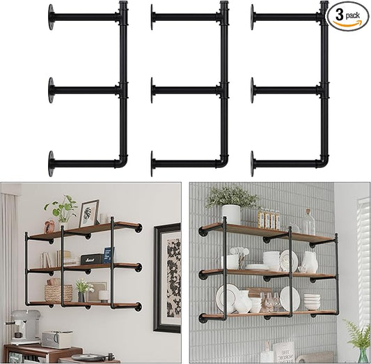 Industrial Pipe Shelf Brackets Wall Mount,Open Black Pipe Shelving for Kitchen,Floating Shelf Brackets Mount,Open Bookshelf Brackets for Shelves,Wall Shelves 12 Inch Deep,(3PcsX3Tier,32" Tall)