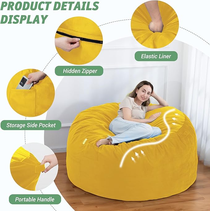 5FT Bean Bag Chair with Ultra Soft Velvet Cover Bean Bag Sofa with Memory Foam Bean Bag Chairs with Large Size Lazy Sofa for Dorm Office Living Room Bedroom Yellow 5'