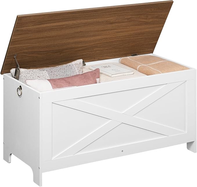 39.4" Toy Chest, Sturdy Entryway Storage Chest with Safety Hinges, Retro Toy Box, Wooden Look Accent Furniture for Living Room, Bedroom, White+Walnut SCBZ48101