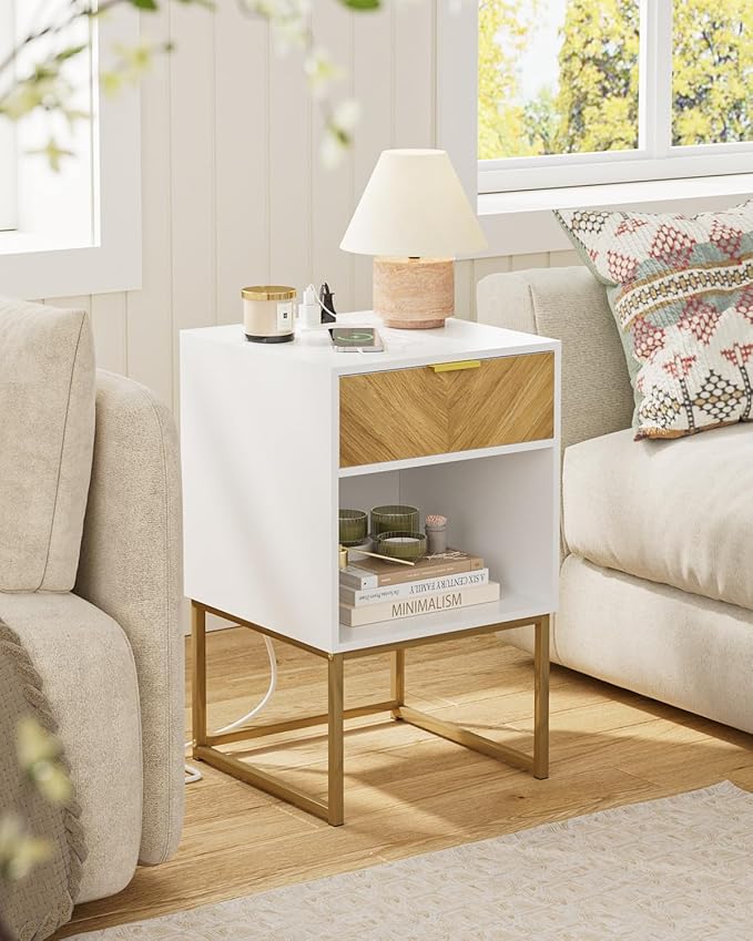Nightstand with Charging Station,Modern Night Stand Boho Farmhouse Wood Bedside Table with Storage Drawer and Open Shelf,Side End Table for Bedroom,Living Room,White