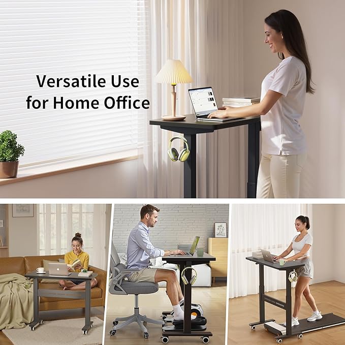 Mobile Walking Pad Desk with Wheels, Pneumatic Small Rolling Standing Desk Riser Height Adjustable (28-43.7") for Treadmill, Portable Computer Table for Home Office, Black