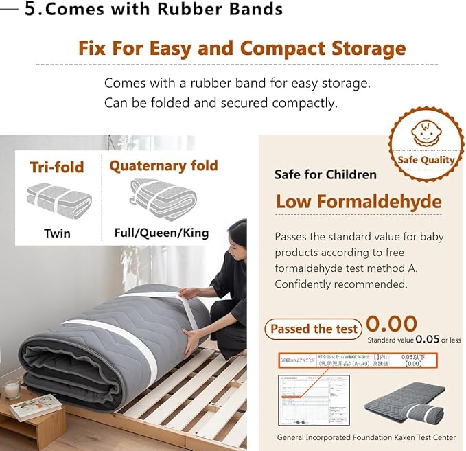 EMOOR Japanese Wool-Blend Padded Futon Mattress GOMA Queen Dark Gray, Gusset Foldable Sotrable Elastic Bands Floor Sleeping Guest Bed Tatami Mat