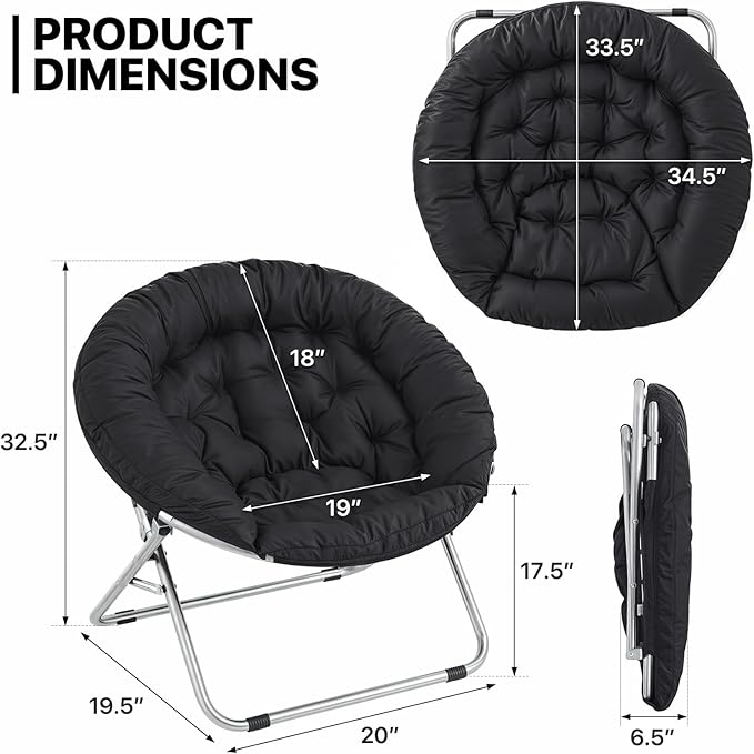 MoNiBloom Round Folding Saucer Chairs Set of 2 for Bedroom Living Room Dorm Foldable Metal Frame Comfy Soft Lounge Lazy Cozy Moon Chairs for Teens (Black)
