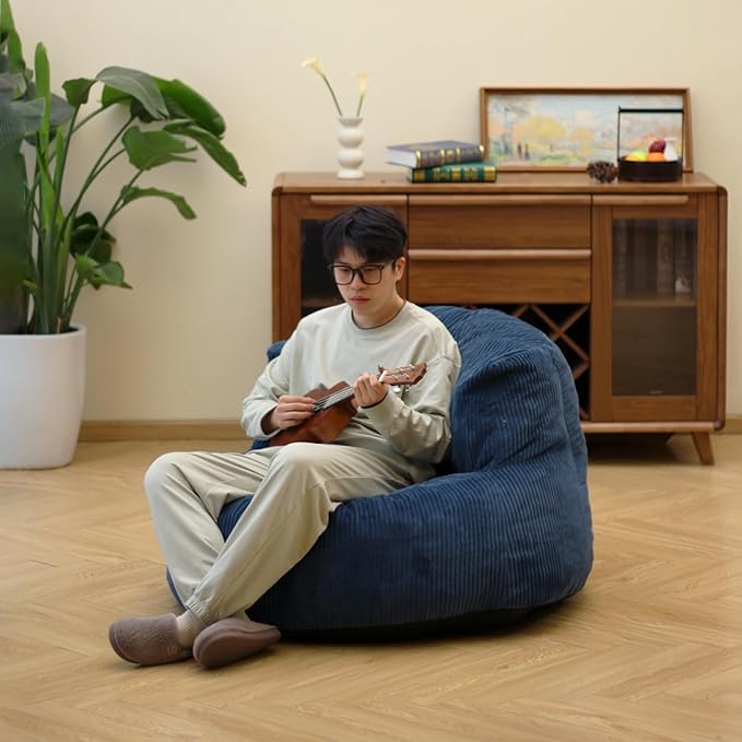 N&V Large Crescent Bean Bag Chair, Adult Size Bean Bag Sack, Foam Filling, Soft Premium Corduroy Bean Bag for Living Room Bedroom Dorm and Office (Prussia Blue)