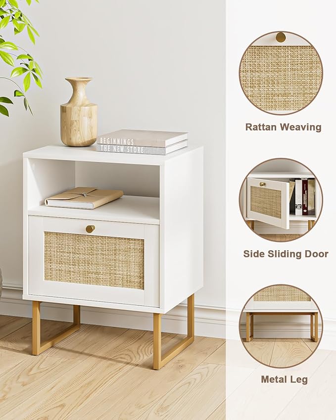 Rattan Nightstand, Boho Night Stand Farmhouse Wood Bedside Table with Storage and Open Shelf, End Side Accent Table for Bedroom,Living Room,White