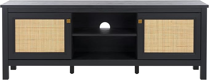 SAFAVIEH Evane TV Stand for up to 65" Flatscreen – Black & Natural, 2 Doors with Interior Storage, 2 Open Shelves, Entertainment Media Console (MED9629B)