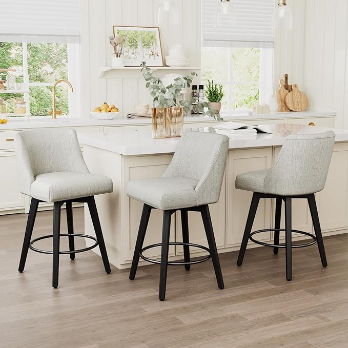 Vipbear Swivel Counter Height Bar Stools Set of 3,26.8" H Counter Stools with Back, Mid Century Modern Bar Stools for Kitchen Island,Linen Fabric,Wooden Base, White