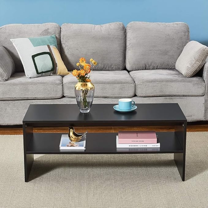 Panana 2-Tier Coffee Table Simple Couch Sofa Side End Table Tea Accent Table for Living Room Office, 39.4" x 15.7" x 15.7" (Black)