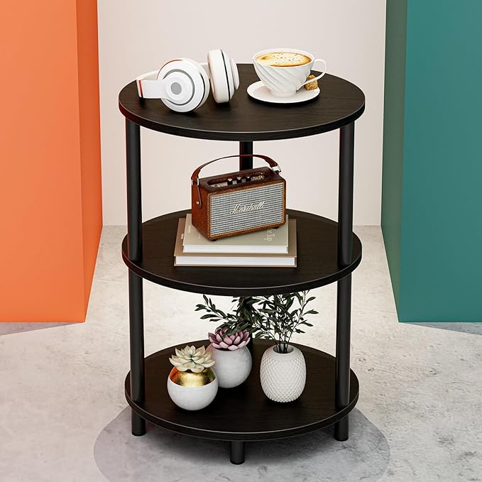 Small Round Side Table - 3-Tier Oval Accent Table for Small Spaces, Rustic Wood and Metal Couch End Table, Nightstand for Bedroom or End Table Living Room, Easy to Assemble, Charcoal Wenge