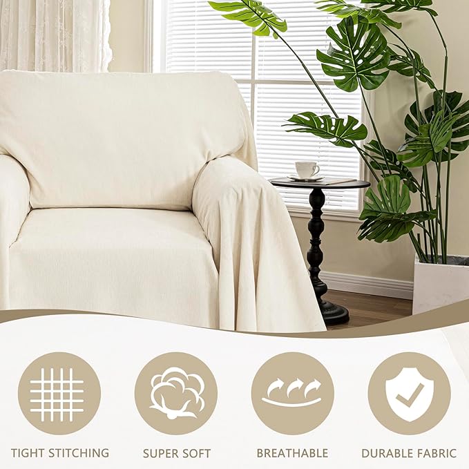 MYSKY HOME Oversized Armchair Couch Cover for 1 Cushion, Washable Recliner Covers Sofa Protector with Tassel, Beige, 71"X91"