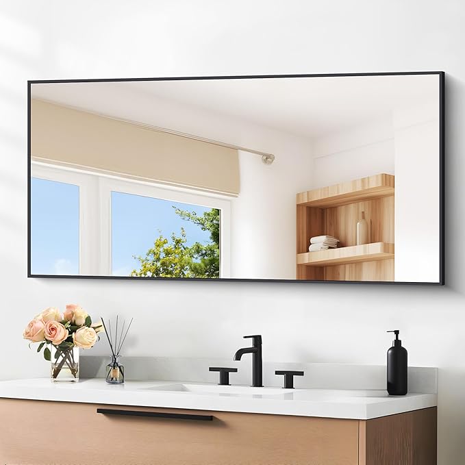 Black Bathroom Mirror for Wall, 24x48 Inch Rectangle Mirrors with Metal Frame, Modern Vanity Wall Mirror Decor for Entryway Hangs, Bathroom Living Room Horizontal or Vertical