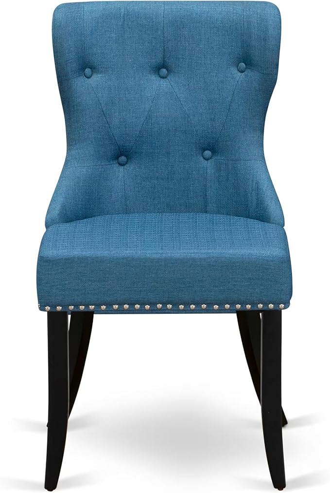 LESI9-SBB-21-9-Piece Dining Room Set Consists of a Modern Table and 8 Blue Linen Fabric Dining Room Chairs with Button Tufted Back - Sand Blasting Black Finish