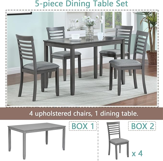 KEIKI 5-Piece Standard Height Dining Table Set with Rectangular Table and 4 Upholstered Ladder Backrset Chair, for 4 Person, Modern Wooden Table Set, Easy Assembly, for Kitchen, Dining Room, Gray