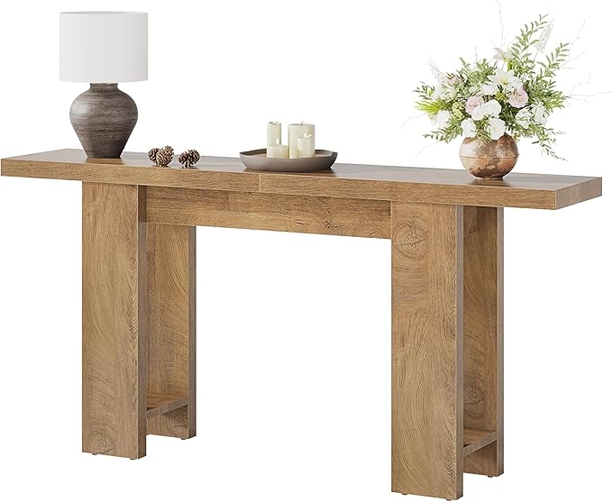 63-Inch Farmhouse Console Table, Narrow Long Sofa Table Behind Couch, Wooden Style Entry Console for Entryway, Foyer, Hallway, Living Room, Light Brown