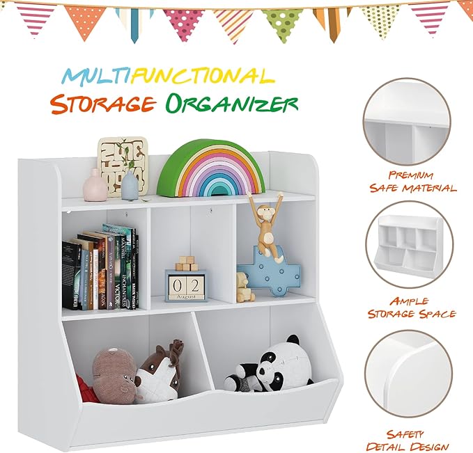 UTEX Toy Storage Organizer with Bookcase, Kid’s Multi Shelf Cubby for Books,Toys, Storage Organizer for Boys,Girls Play Room/Bedroom-White