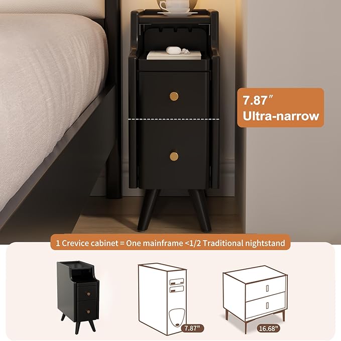 Small Nightstand with Drawers, Solid Wood Bedside Table, Narrow BlackNightstand for Bedroom