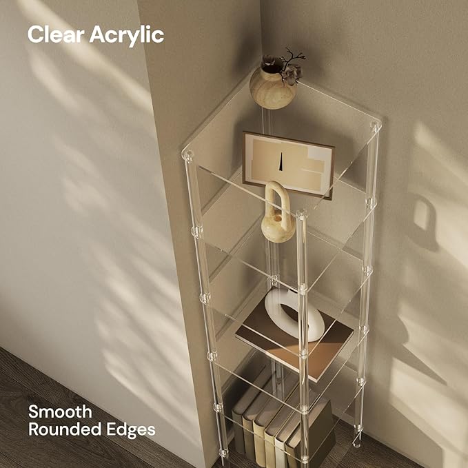 6 Tier Square Acrylic Bookshelf, Small Bookcase with Acrylic Fittings for Fixing to Wall, Corner Display Shelf for Living Room, Bedroom, Bathroom, Small Spaces, Clear, 11.6'' W x 53.9'' H