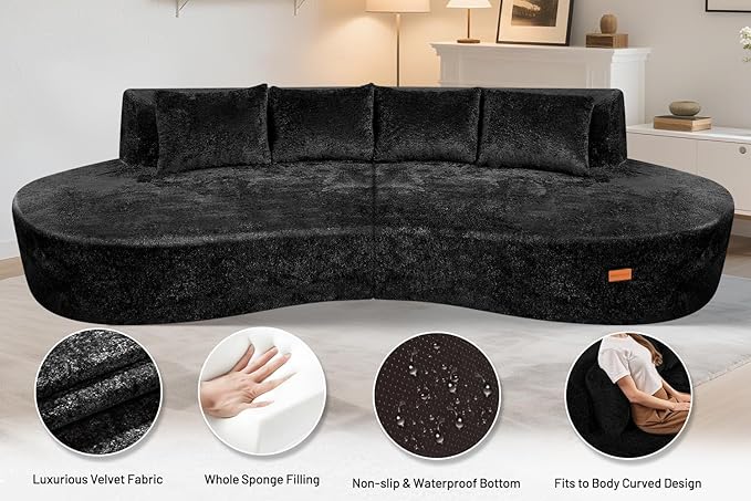 Homguava 104'' Modular Sectional Sofa,Curved Modern Sofa with Memory Foam,Deep Seat Cloud Couch with 4 Pillows,Upholstered Oversized Couches for Living Room Apartment Office,No Assembly Required,Black