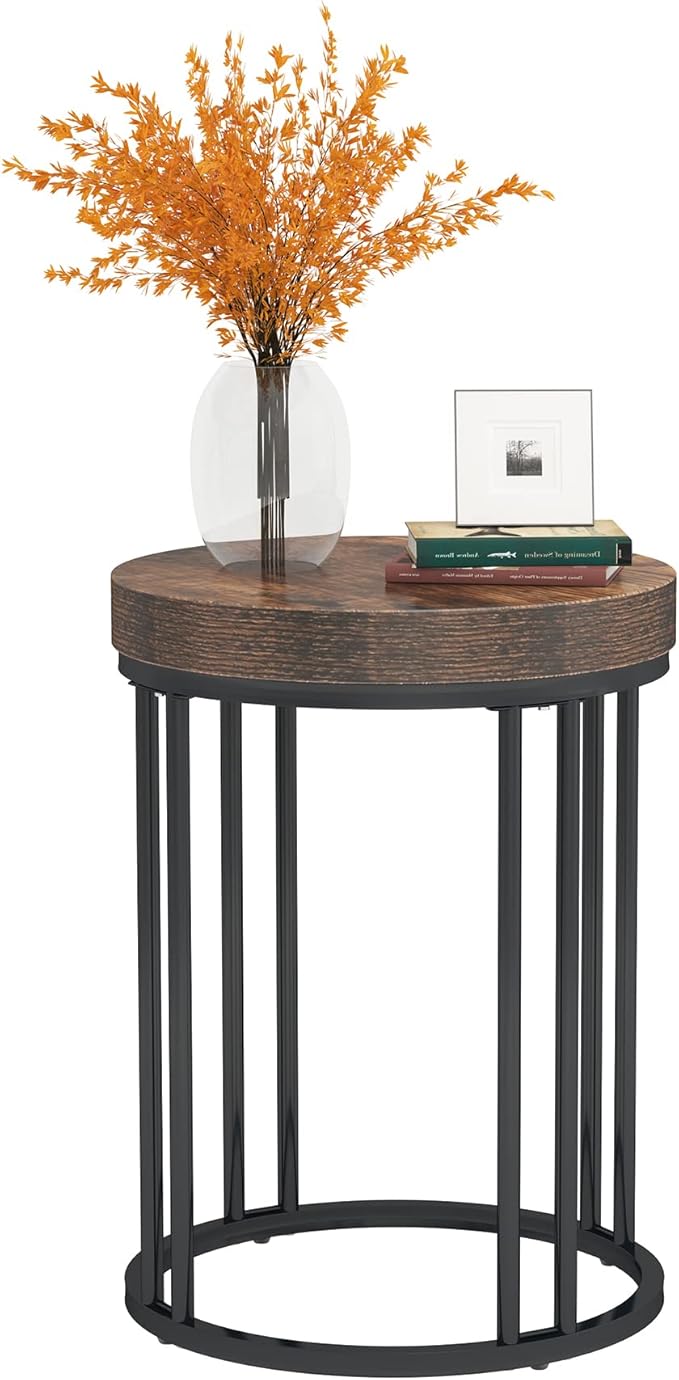 LITTLE TREE Round End Table, Industrial Side Table Small Accent Table, Metal Circle C Table Bed Side Table for Living Room Sofa Side Couch, Bedroom, Easy Assembly, Space Saving (Brown, 1PC)
