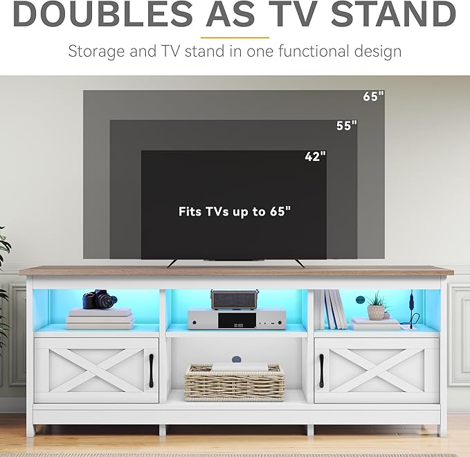 DWVO TV Stand for up to 65 Inch TV, Entertainment Center with Storage, TV Cabinet with Power Outlet & LED Light Strip, Media Console Television Stands for Living Room, White & Walnut