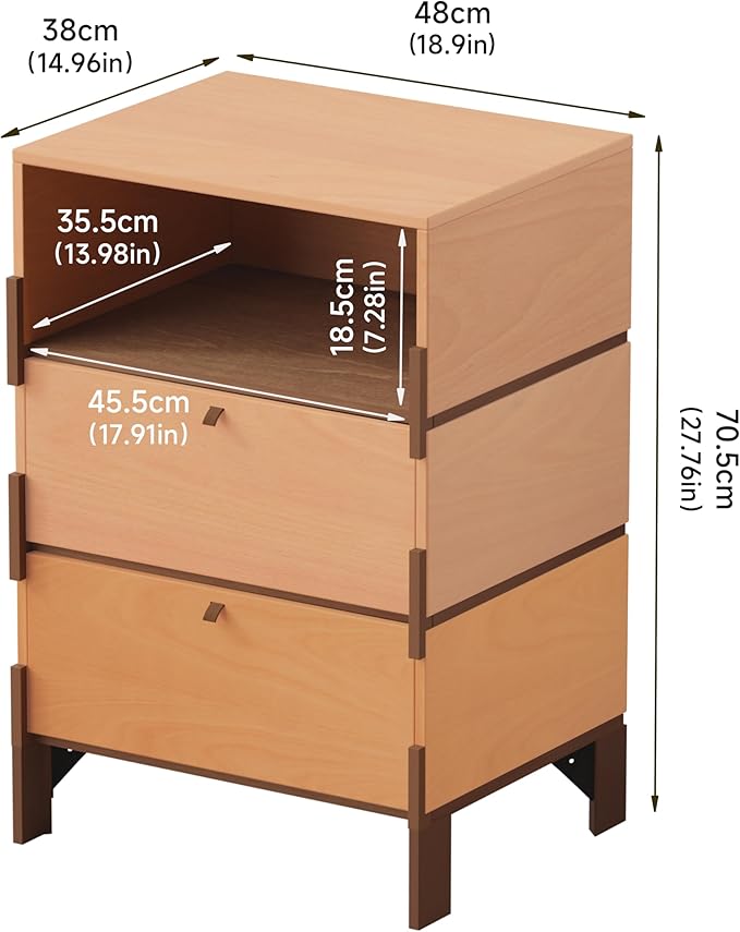 Sebastack End Table, Customizable 3 Drawers Bedside Table, Night Stand, Side Table for Bedroom, Dormitory, Mid-Century Style Wood Chest of Furnitures, 27.8 inch Tall