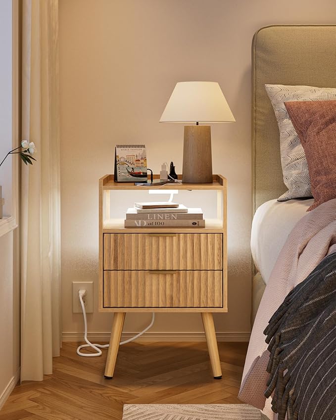 Nightstand with Charging Station and LED Lights,Modern Bedside Table with 2Drawer and Open Shelf,Oak Night Stand with Solid Wood Legs,End Table for Living Room、Bedroom and Small Spaces