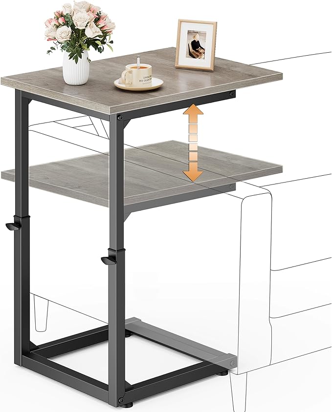 Vagusicc C Shaped End Table, 33" Tall Couch Table Adjustable Height Side Table, Sofa Table That Slide Under, C Table End Table TV Tray Coffee Arm Table for Living Room, Bedroom, Small Spaces, Gray