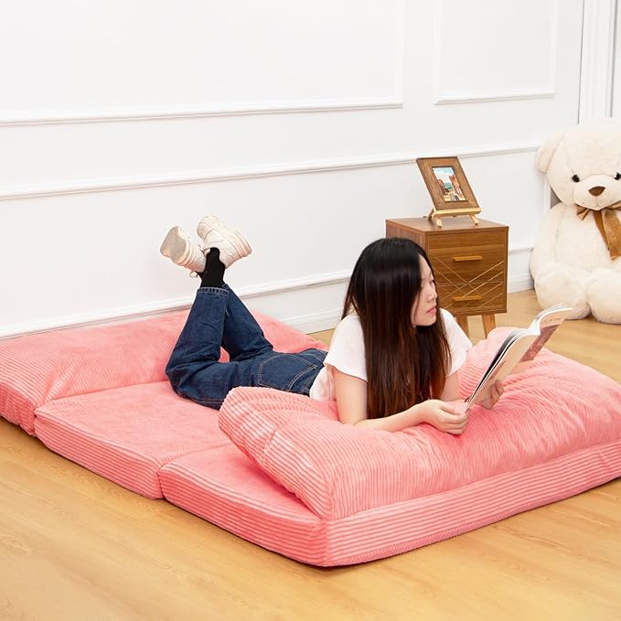 N&V Folding Matress Sofa Bean Bag Bed, Foam Filling Folding Matress Sofa, Includes Removable and Machine Washable Cover, Soft Premium Corduroy (Medium, Salmon)