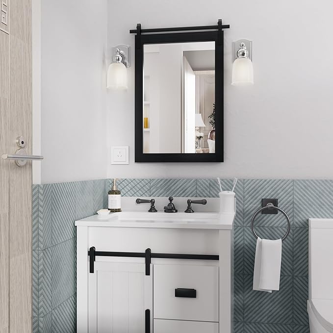 Black Farmhouse Mirror for Wall, 18x26INCH Wood Framed Square Bathroom Mirrors for Vanity, Barn Door Style Mirrors Wall Mounted Dresser Decor Mirror Living Room Bedroom Vertical