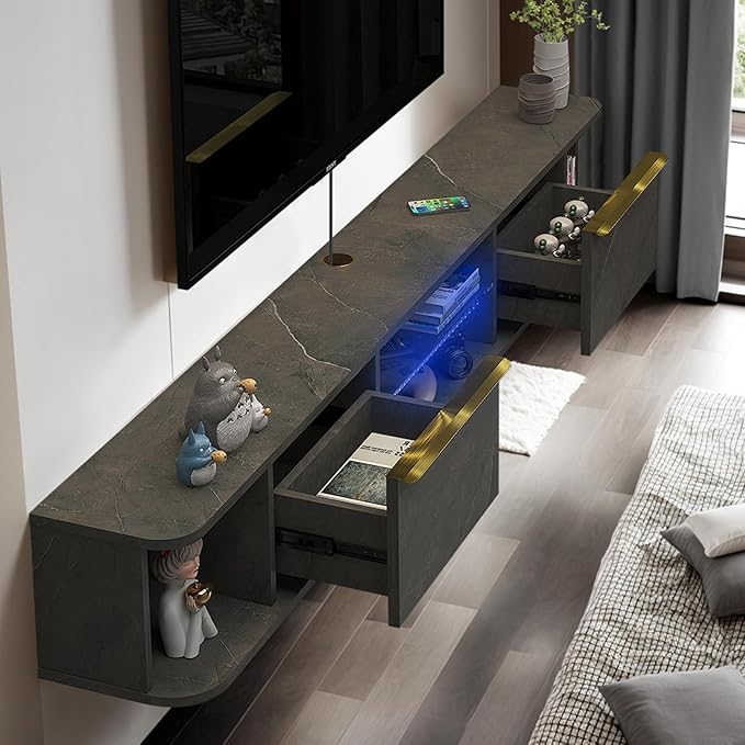 Pmnianhua LED Floating TV Stand with 2 Drawers,63'' Under TV Shelf with LED Lights,Wall Mounted TV Console,Floating TV Shelf with Storage for Bedroom Playroom Living Room(Dark Grey)
