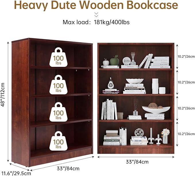 Wooden Bookcase with Adjustable Shelves, 4 Tier Wooden Bookshelf for Small Spaces, Office or Living Room, Modern Bookshelves Storage Rack, Manga Display Shelf,48 Inch,Cherry