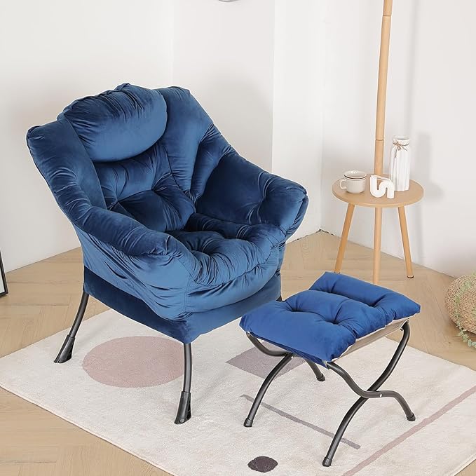 LITA Lazy Chair with Ottoman, Modern Accent Leisure Upholstered Sofa Chair, Contemporary Lounge Reading Chair with Armrests and a Side Pocket for Living Room, Bedroom & Small Space, Royal Blue