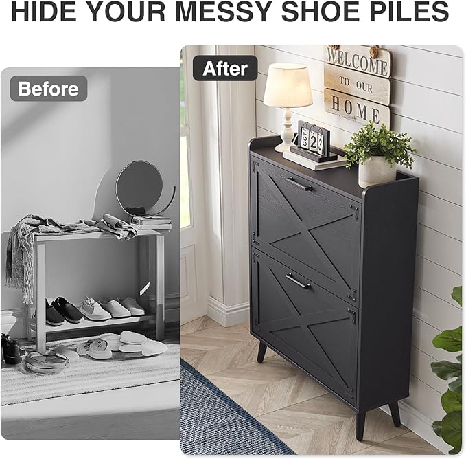 Shoe Storage Cabinet, Farmhouse Shoe Organizer with 2 Flip Drawers & Barn Door Design, Freestanding Hidden Slim Narrow Shoe Rack Cabinet for Entryway, Foyer, Hallway, Black