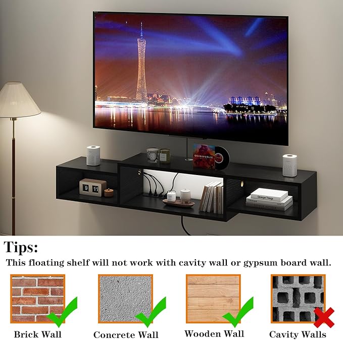 IBUYKE 59" Floating TV Stand Wall Mounted with Power Outlet,Wood Wall Mounted Media Console Shelf,Floating Entertainment Center for Under TV Storage for Living Room Bedroom Office,Black WST007B