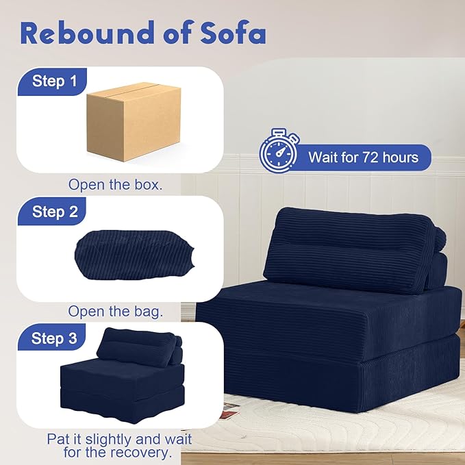 MeMoreCool Instant Guest-Ready Comfort — Convertible Folding Sofa Bed Chair with Pillow for Small Spaces & dorms, Removable Machine-Washable Cover, no Assembly, Space-Saving Floor futon, Navy