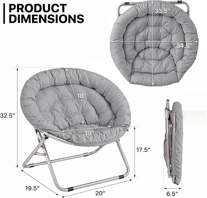 MoNiBloom Round Folding Saucer Chairs Set of 2 for Bedroom Living Room Dorm Foldable Metal Frame Comfy Soft Lounge Lazy Cozy Moon Chairs for Teens (Grey)