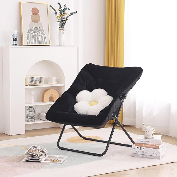 Tiita Comfy Folded Chair, Soft Faux Fur Oversized Folding Accent Chair, Lounge Lazy Chair for Kids Teens Adults, Metal Frame Moon Chair for Bedroom, Living Room, Dorm Rooms