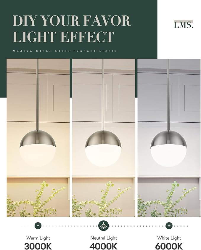 LMS Brushed Nickel Pendant Lights Kitchen Island, 8" Modern Globe Pendant Light Fixtures with Milk White Glass, Adjustable Hanging Lighting for Kitchen Island Sink Bedroom Bathroom, LMS-203