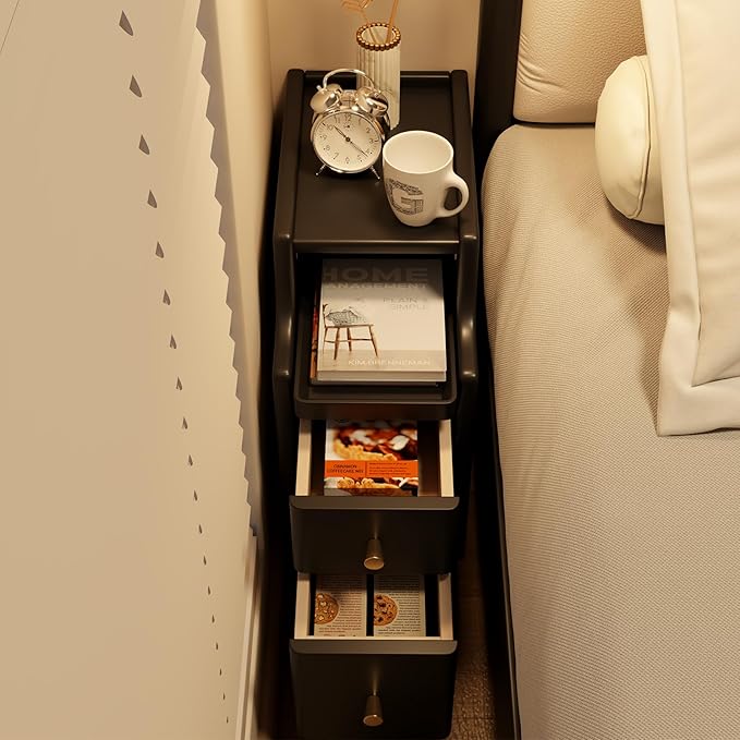 Small Nightstand with Drawers, Solid Wood Bedside Table, Narrow BlackNightstand for Bedroom