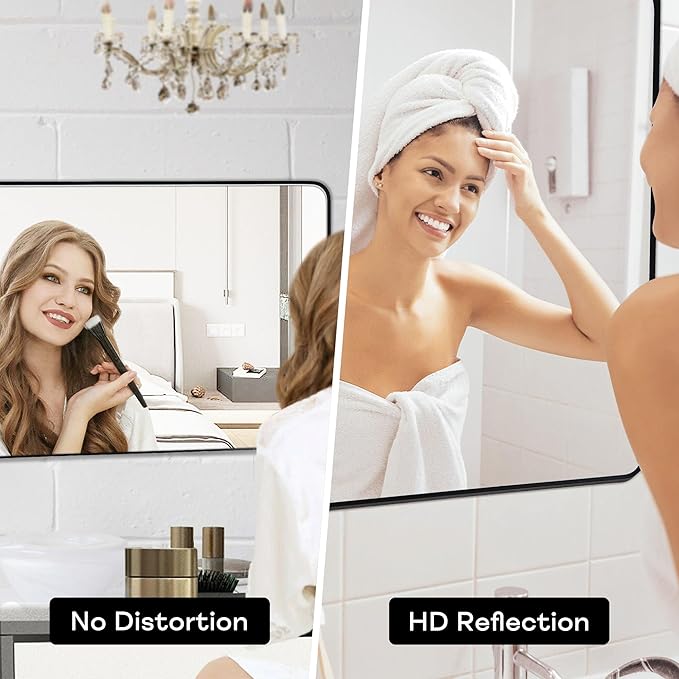Wall Mount Mirror for Bathroom, Brushed Black Metal Framed Large Rounded Corner Rectangular Vanity Mirror, Anti-Rust, Tempered Glass (30" x 48", Black)