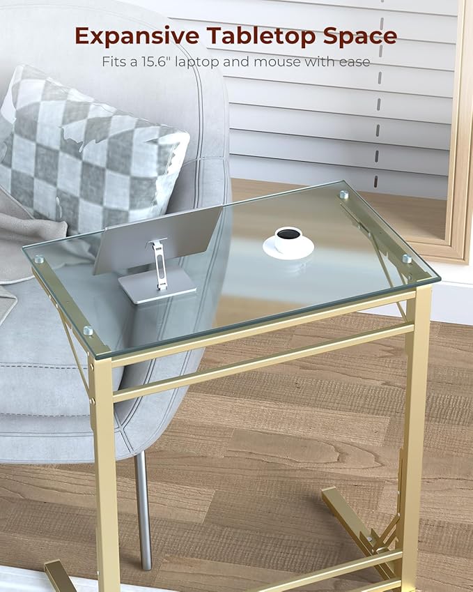 Tatub 24" Folding TV Tray Table, Glass C Shaped End Table for Couch, Small Sofa-Side Laptop Desk with Gold Metal Frame for Living Room, Bedroom, Bedside