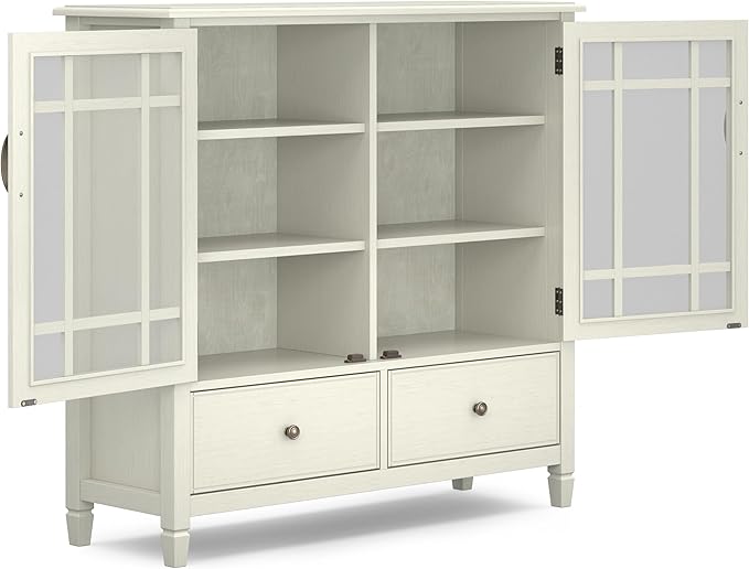 SIMPLIHOME Connaught SOLID WOOD 46 inch Wide Traditional Tall Storage Cabinet in Antique White for the Living Room, Entryway and Family Room