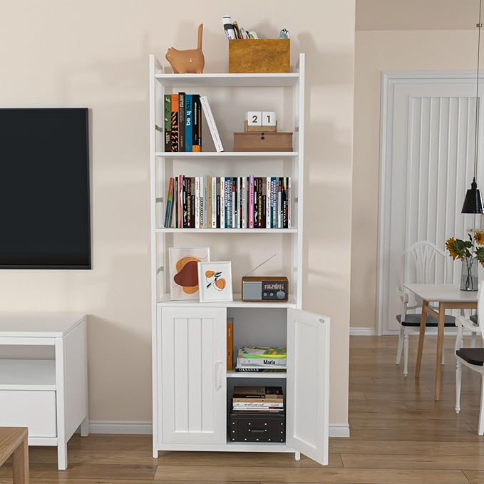 White Bookshelf with Doors,70" Tall Bookcase with Storage Cabinet,6 Tier Book Shelf for Living Room/Bedroom/Home Office/Kitchen,70"(H)*26"(L)*11.8"(W)