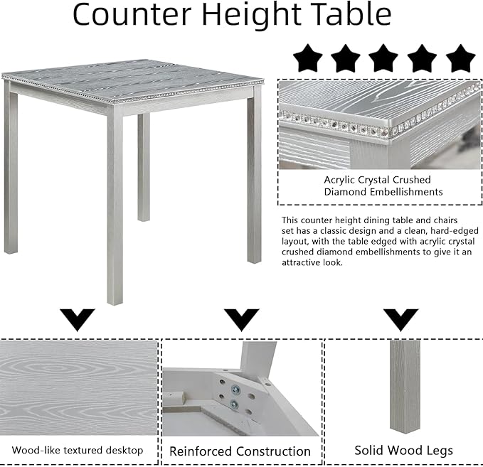 Dining Table Set for 4, 5-Piece Dining Room Table Set with Square Crystal Decoration Table & 4 Upholstered Backrest Chairs, Counter Height Kitchen Sets with Wood Grain & Footrest, Grey