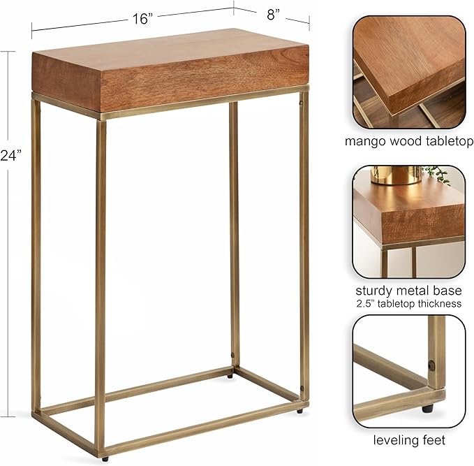 Kate and Laurel Karlsen Mid-Century Wood and Metal Narrow Side Table; 16 x 24 x 8; Walnut Brown and Brass; Slim Bedroom Nightstand with Mixed Materials Design