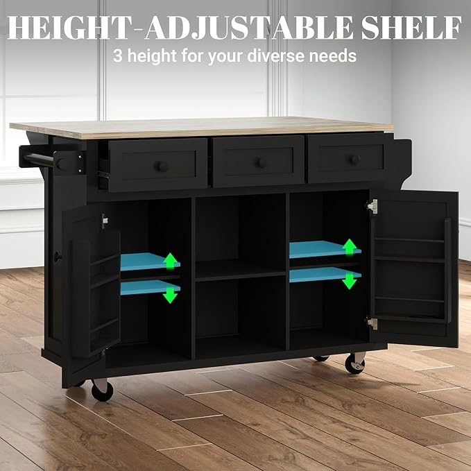 Rovibek Kitchen Island with Drawers 53 in Rolling Island Cart Mobile Solid Wood Portable Islands on Wheels with Storage Cabinet & Drawers, Black