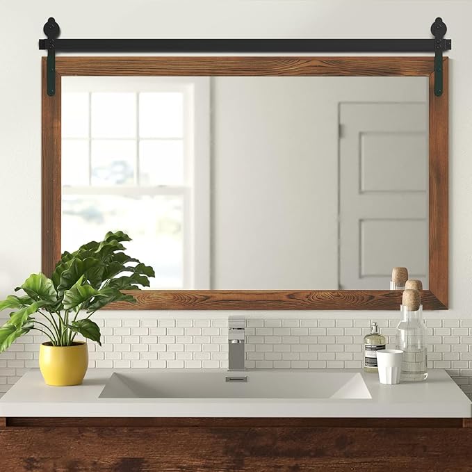 YOSHOOT Farmhouse Barn Door Mirror, 48"x30" Rustic Wood Framed Wall Mirror, Wall Mounted Vintage Mirror, Wooden Farmhouse Style for Bathroom Living Room Entryway, Brown, Horizontal Hanging ONLY