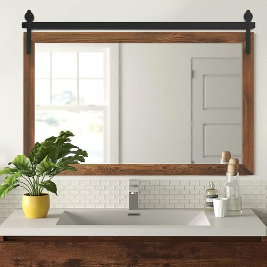 YOSHOOT Farmhouse Barn Door Wall Mirror, 40"x26" Rustic Wood Framed - Vintage Style for Bathroom, Living Room or Entryway, Brown, Horizontal Hanging ONLY