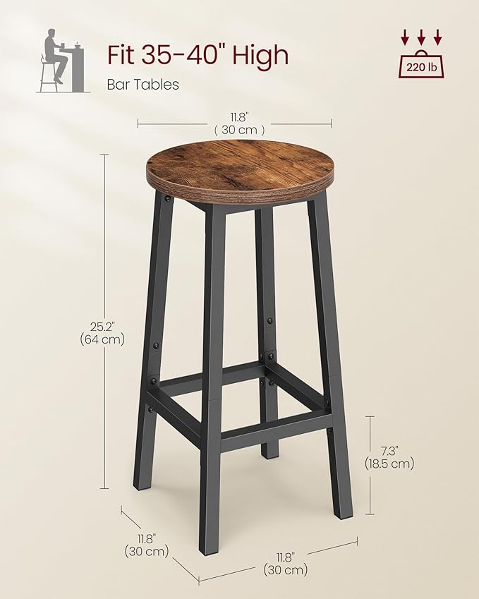 VASAGLE Bar Stools, Set of 2 Bar Chairs, Steel Frame, 25.2 Inch Tall, for Kitchen Dining, Easy Assembly, Industrial Design, Rustic Brown and Black ULBC32X